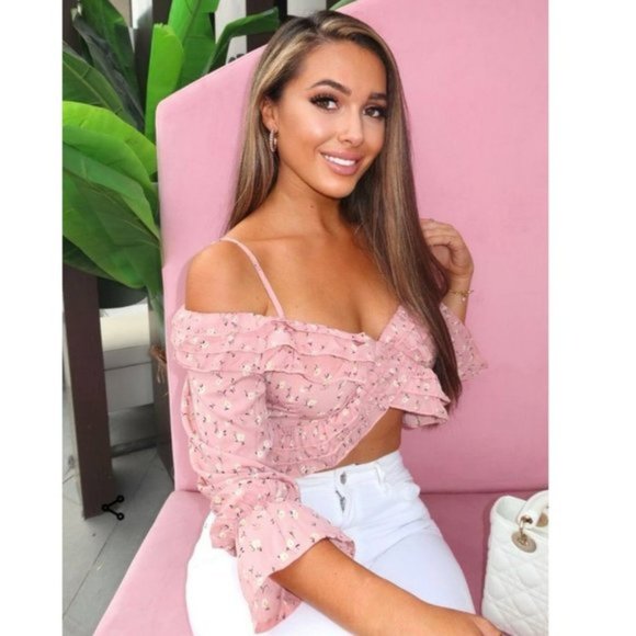 Pink Floral Print Long Sleeve Cold Shoulder Ruffle Crop Top - Picture 7 of 16